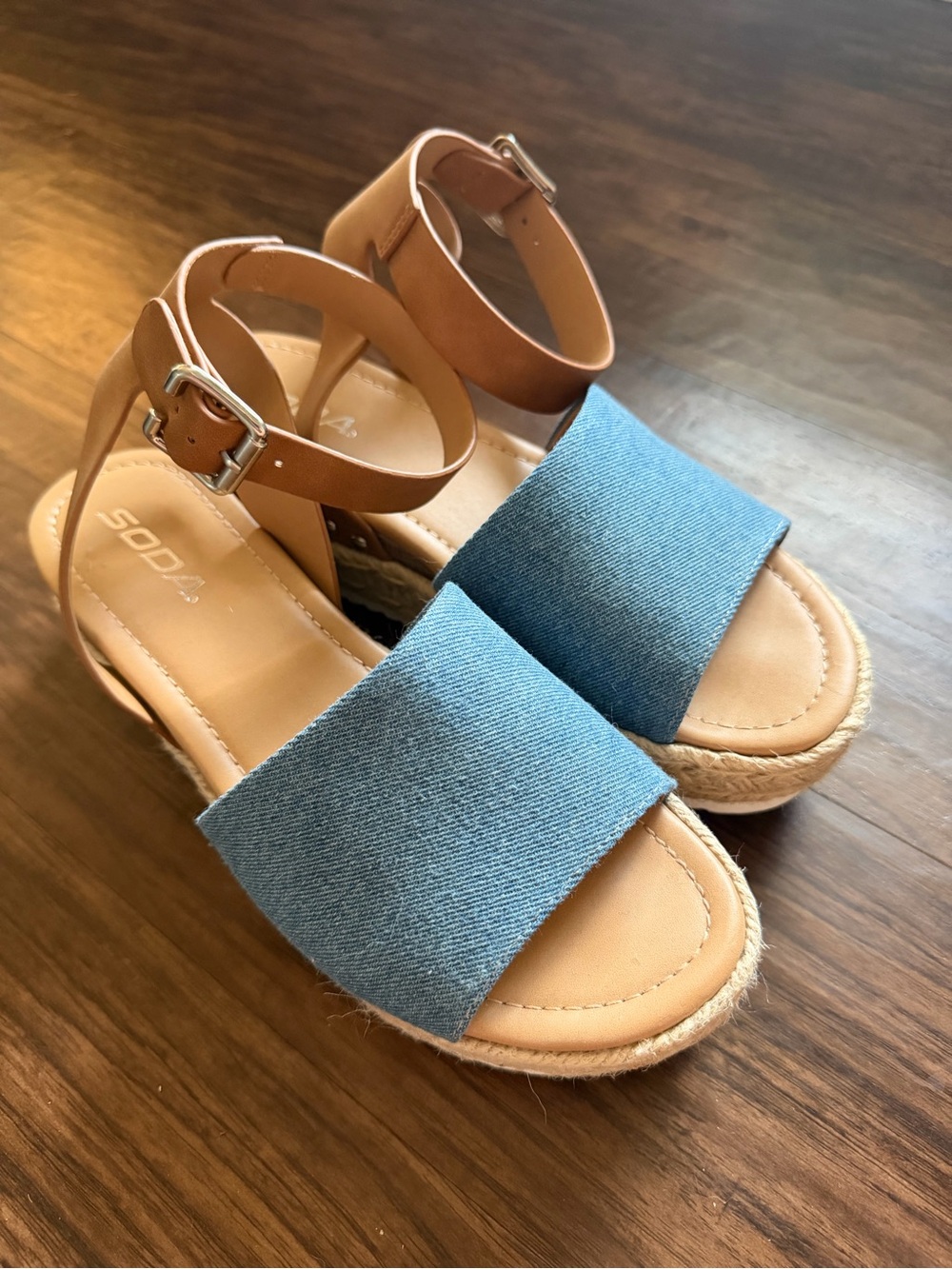 Soda Blue Denim Front Strap Sandal with Brown Ankle Strap